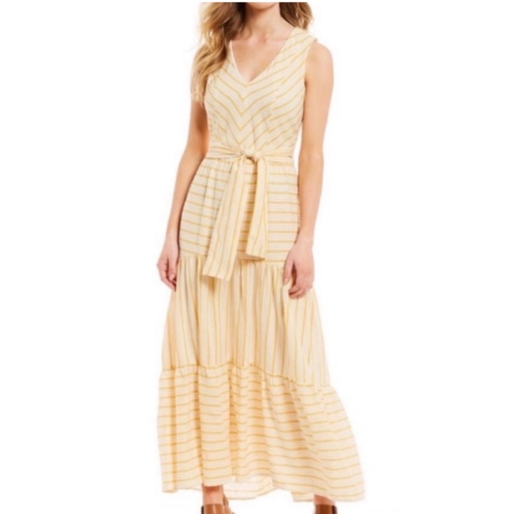 NWT Cremiuex Gold Yellow and Ivory Striped Tiered‎ Bow Maxi Dress Size 2